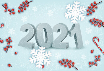 Fototapeta na wymiar Happy New Year background with a 2021 and snowflakes. Vector.