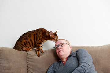Woman with cat on sofa - 383838103