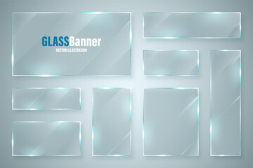 Glass frame. Realistic glossy transparent glass banner with glare. Vector design element.