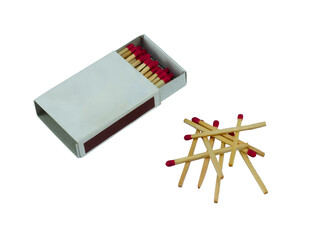 matchbox and red matches isolated on white background. Side view and Blank space