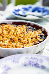 Fresh made blueberry pie with crumble crust. Selective fopcus on subject.