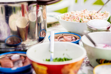 Food buffet with herring in focus. Swedish midsummer food. Selective focus on subject.