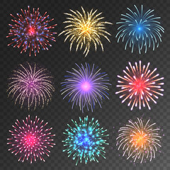 Festive fireworks collection. Realistic colorful firework on transparent background. Christmas or New Year greeting card element. Vector illustration.