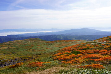 Scenery of Mt. Gassan in Japan with beautiful autumn colors