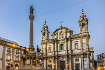 Fototapeta na wymiar Church of San Domenico (Chiesa di San Domenico, 1640) and Column of Immaculate Conception (1728) in middle of San Domenico square. Palermo, Sicily, Italy.