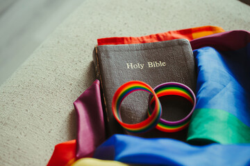 The Holy Bible on rainbow flags, which are the colors that the transgender LGBT community use to...