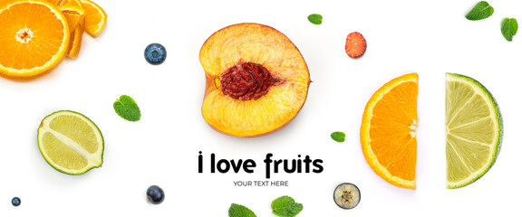 Fruits on white background. Long header banner format. Panorama website header banner. High quality photo