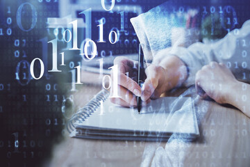 Multi exposure of writing hands on background with data solution hologram. Technology concept.