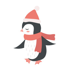 Cute penguin christmas icon flat, cartoon style. Vector illustration