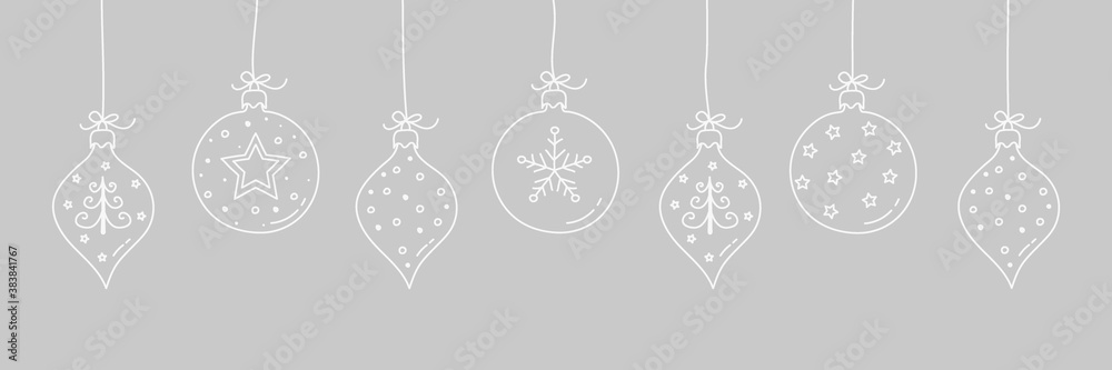 Wall mural concept of hanging christmas balls with hand drawn ornaments. vector