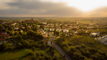 Obraz premium Kwidzyn, Poland - March 30, 2020: The view of the city from above. The Teutonic castle in Kwidzyn and the Graniczna street.