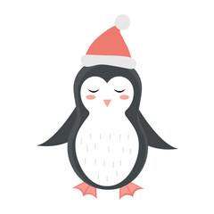 Cute penguin christmas icon flat, cartoon style. Vector illustration