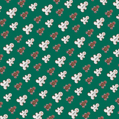 Seamless pattern. Christmas concept. Gingerbread snowman cookies with shadow on green background