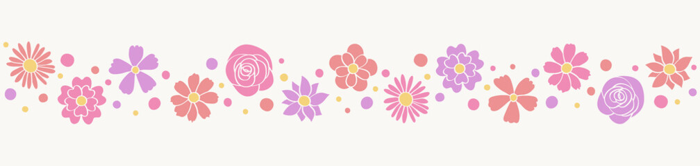 Banner with colourful hand drawn flowers. Mother’s Day, Women’s Day and Valentine’s Day decoration. Vector