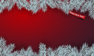 Happy New Year poster. Banner with snow and branches of christmas tree. Christmas design, decor. Knitted background. Vector illustration.