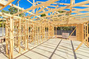 Pallets with bricks delivered to the new house construction site on a day