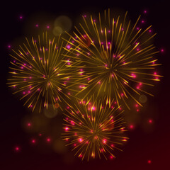 Fototapeta premium Salute, Festive Fireworks on black Background. Celebrating Christmas, New Year, National Holidays Concept. Vector Illustration.