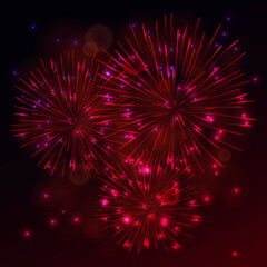 Salute, Festive Fireworks on black Background. Celebrating Christmas, New Year, National Holidays Concept. Vector Illustration.