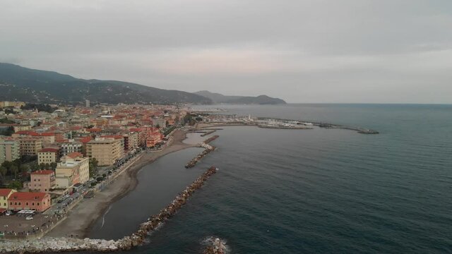 Chiavari, Liguria, Italian Coastline. Aerial view of cityscape in autumn. Slow motion