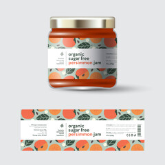 Persimmon Jam label and packaging. Jar with cap with label. White strip with text and on seamless pattern with fruits, flowers and leaves.