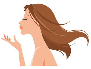 Profile of a beautiful woman with long hair fluttering behind. Vector illustration isolated on white background.