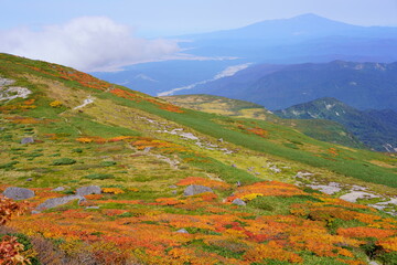 Scenery of Mt. Gassan in Japan with beautiful autumn colors