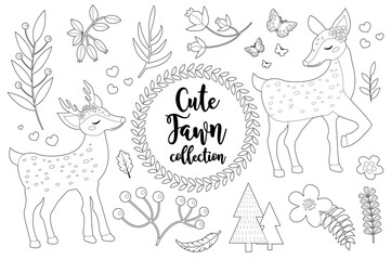 Cute little deer set Coloring book page for kids. Collection of design element sketch outline style. Kids baby clip art funny smiling kit. illustration