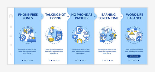 Internet addiction treatment onboarding vector template. Phone-free zone. Earning screen time. Responsive mobile website with icons. Webpage walkthrough step screens. RGB color concept