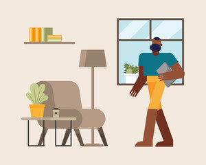 Man with laptop working from home vector design