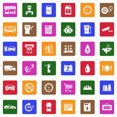 Gas Station Icons. White Flat Design In Square. Vector Illustration.