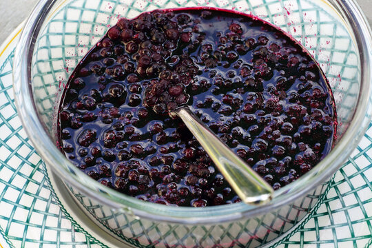 Bowl of wild blueberry and maple syrup sauce