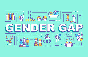 Fototapeta na wymiar Gender gap word concepts banner. Man and woman inequality in workplace. Infographics with linear icons on turquoise background. Isolated typography. Vector outline RGB color illustration