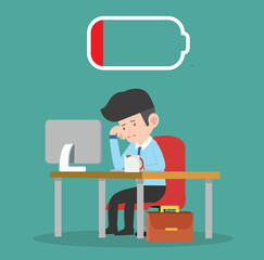 Tired businessman with desktop computer and coffee vector