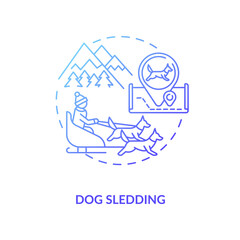 Dog sledding concept icon. Winter outdoor activity idea thin line illustration. Cold-season activities. Snowy retreat. Dog sleigh racing. Mushing. Vector isolated outline RGB color drawing