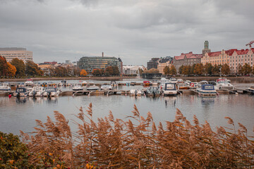 Helsinki, Uusimaa, Finland October 7, 2020 Autumn landscape Töölö Bay and Hakaniemi
