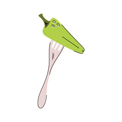 Hand-drawn vector illustration of green bell pepper on a fork. Cutlery. Food. Vegetables. Diet. Healthy lifestyle. Ingredients. The background is white. Flat.