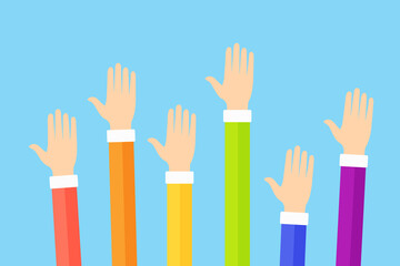 Obraz premium Raised voting hands in colors of the rainbow flag vector flat illustration