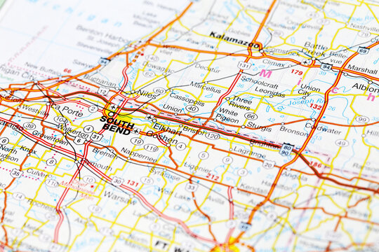 South Bend city road map area. Closeup macro view