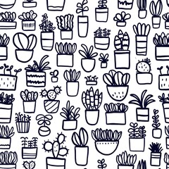 Seamless black and white pattern with pipes flowers in pots