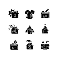 Human shelters black glyph icons set on white space. Temporary residence for homeless people. Night time shelter opportunity. Warming center. Silhouette symbols. Vector isolated illustration
