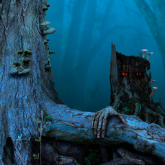 Scary halloween scene. Blue twilight, stump with red eyes. Mysterious fairytale landscape with old tree, scary stump, crooked branches, thick root.