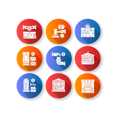 Sale flat design long shadow glyph icons set. Marketplaces and trading events. Buying goods at affordable prices. Charitable and commercial business. Silhouette RGB color illustration
