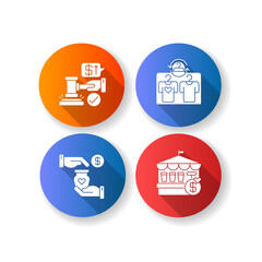 Retail services flat design long shadow glyph icons set. Auction, second hand store, handicraft market and fete. Public trading events, and sales. Silhouette RGB color illustration