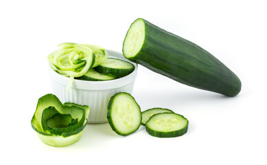 Sliced green cucumber isolated on a white background.