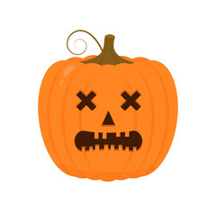 Halloween Pumpkin with spooky face icon isolated on white. Cute cartoon Jack-o -Lantern. Halloween party decorations. Easy to edit vector template