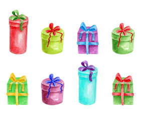 Set of watercolor gift boxes. Hand painted colorful presents with ribbon isolated on white background. Stock illustration for New year, Christmas, Birthday, party. Cute clipart for print, decoration.