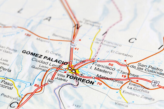 Torreon and Gomez Palacio Mexico road map area. Closeup macro view