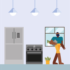 Man with laptop working from home kitchen vector design