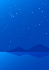 Seascape with night stars. Falling meteorite. The coastline is in the distance. Vector illustration of nature for background.