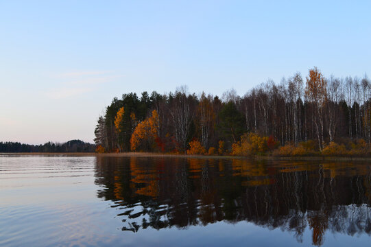 Autumn On The Lake. Cool, Clear Water And Little Island With Autumn Colors.